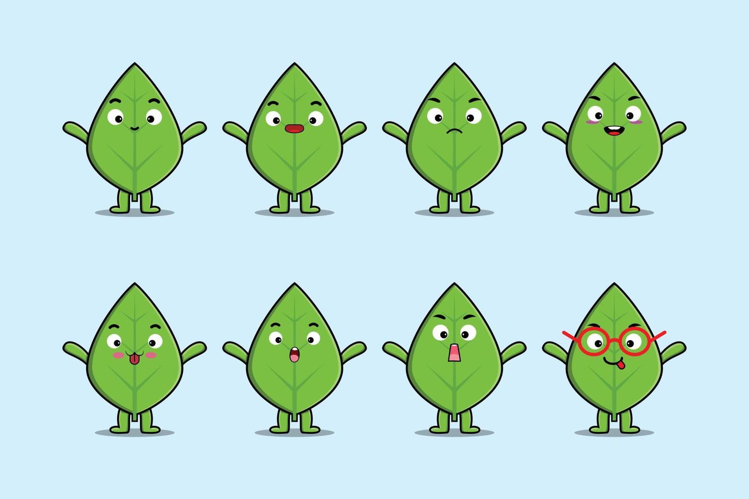Set kawaii green leaf cartoon different expression vector