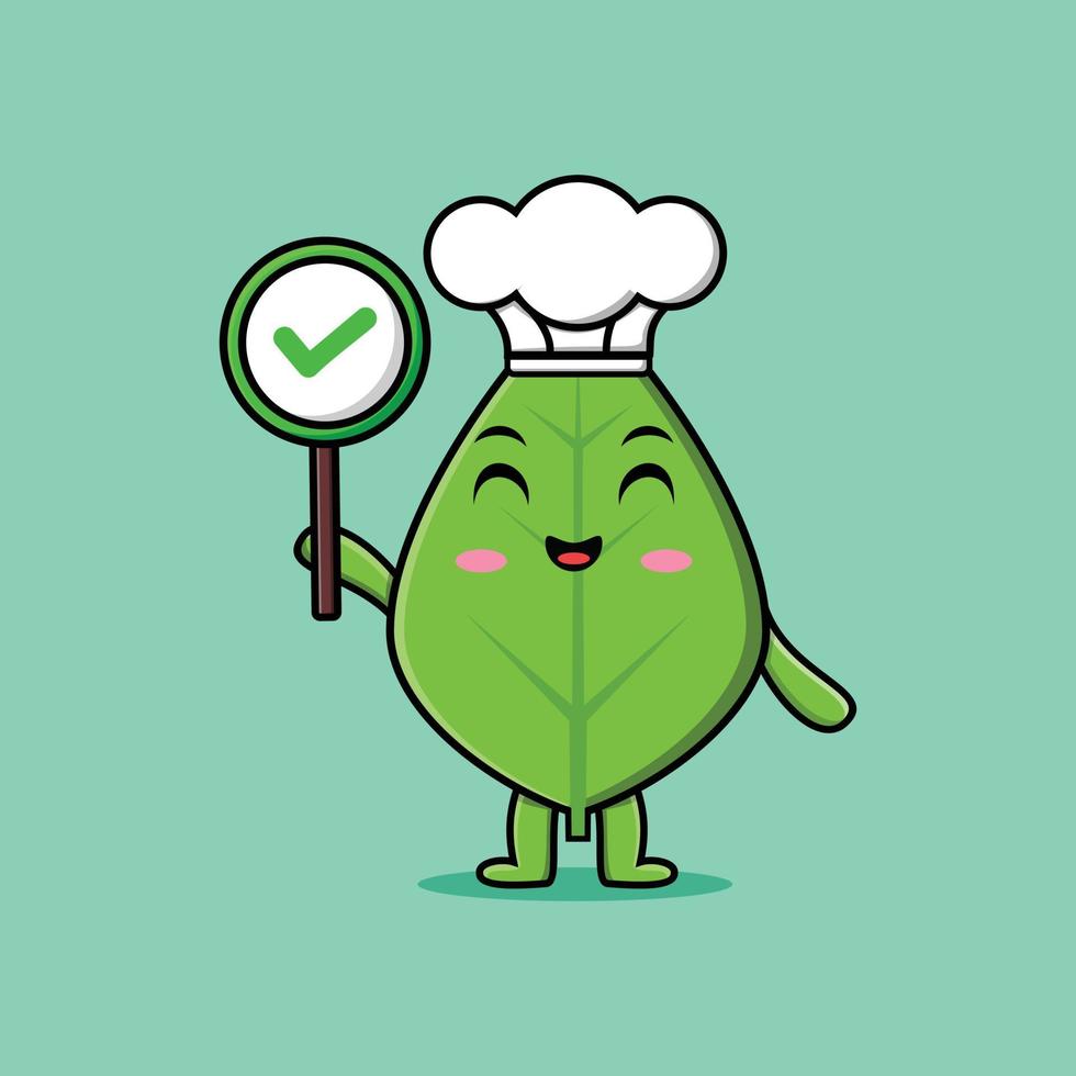 Cute cartoon green leaf chef holding correct sign vector