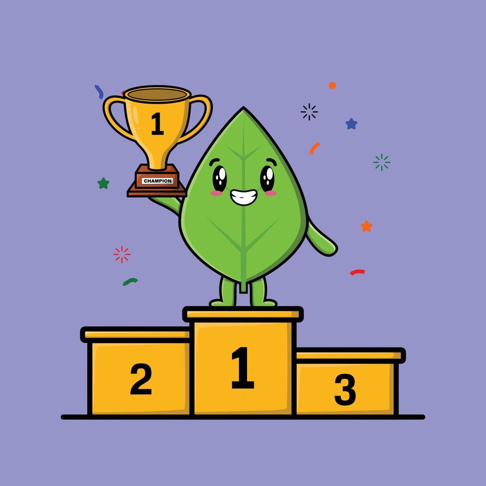 Cute cartoon green leaf character with happy expression in modern style design vector