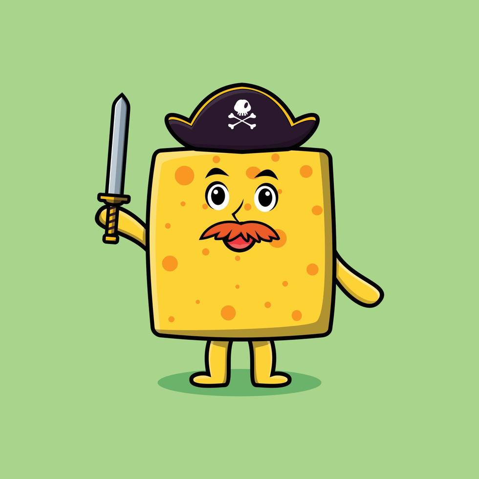 Cute cartoon cheese pirate with hat and sword vector