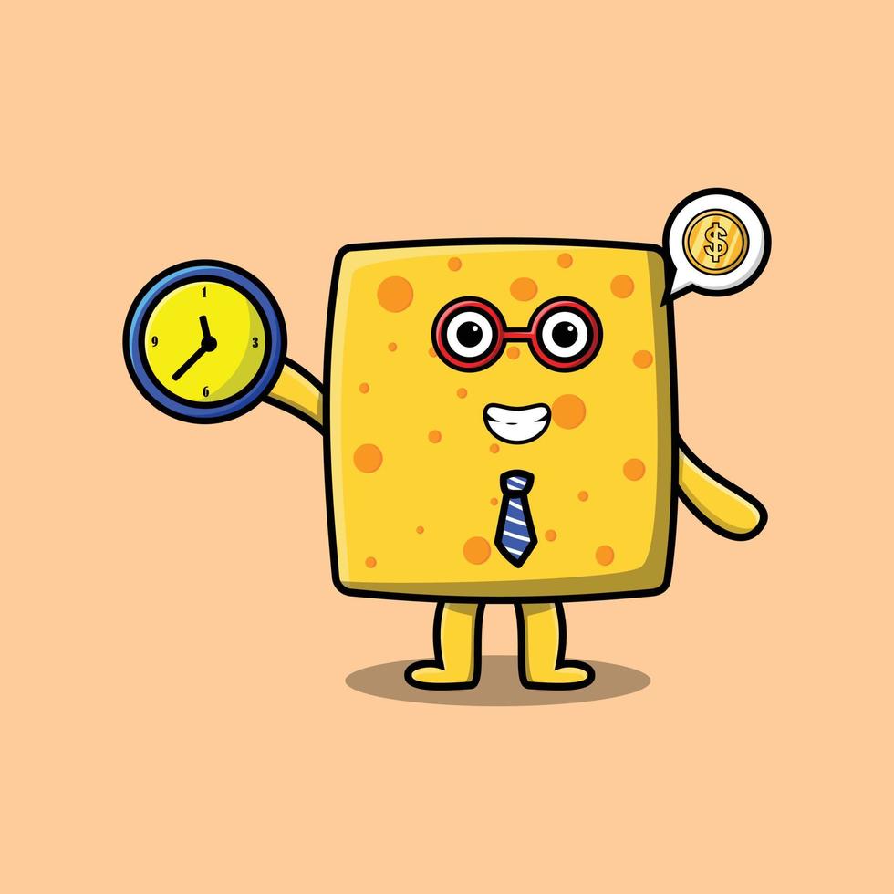 Cute cartoon cheese character holding clock vector