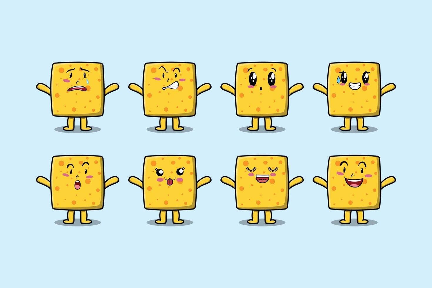 Establecer kawaii queso cartoon diferentes expresiones vector