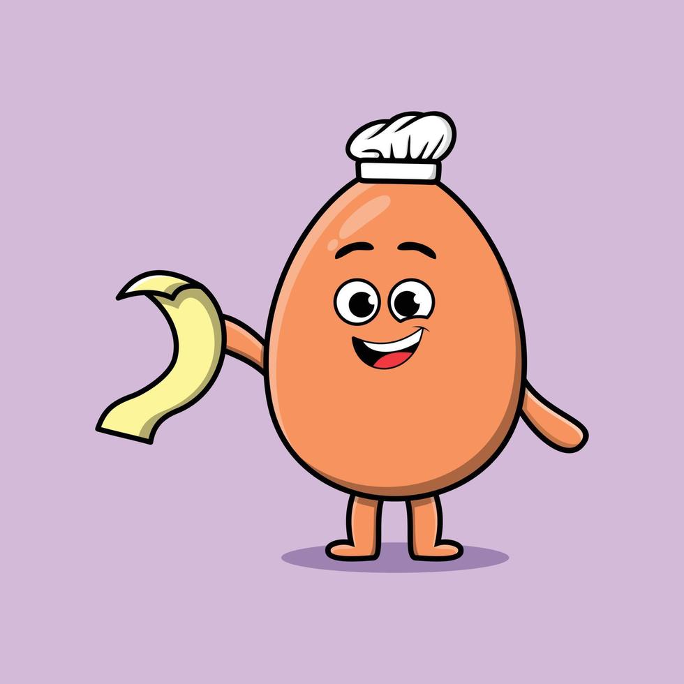 Cute cartoon brown cute egg chef with menu in hand vector
