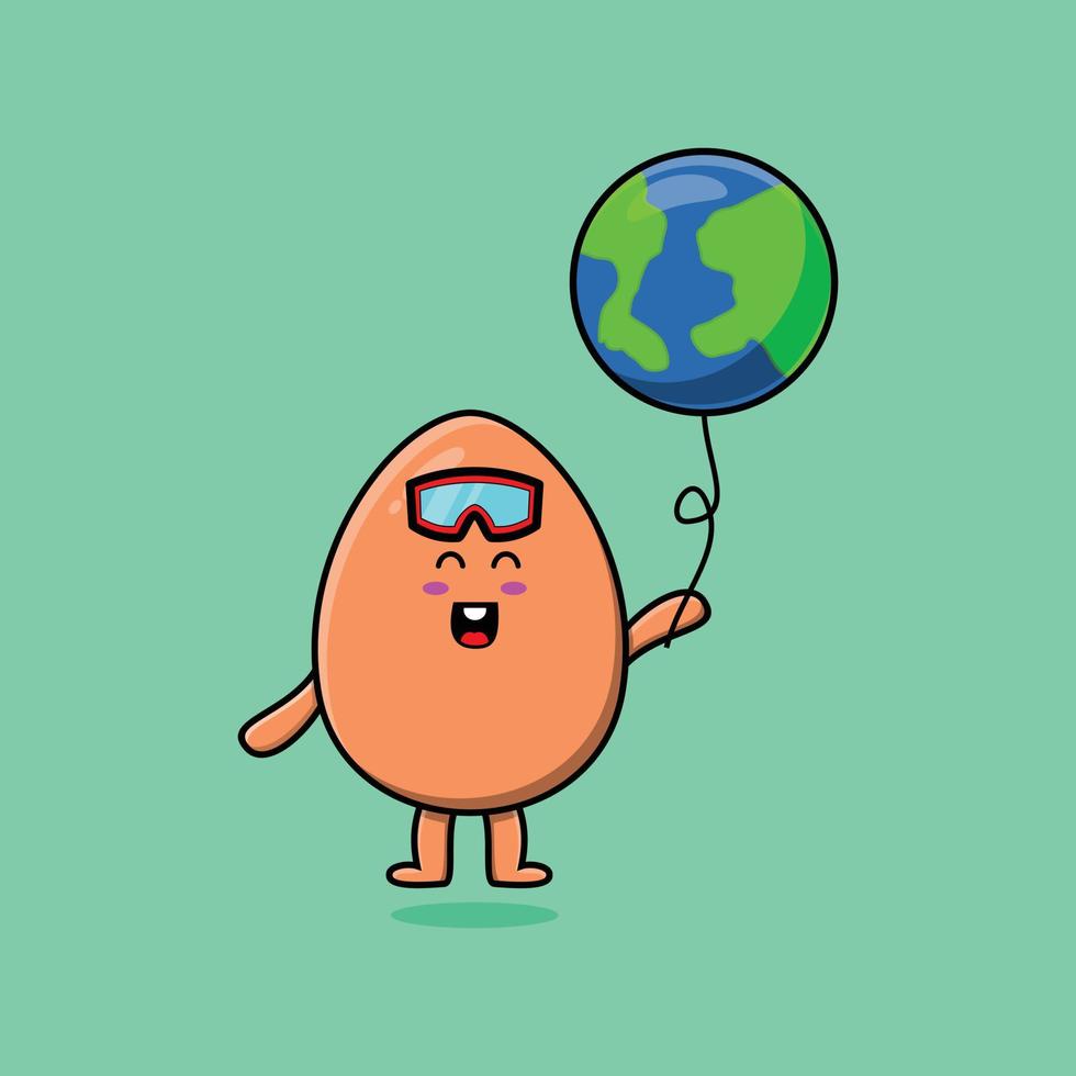 huevo lindo marrón de dibujos animados flotando con globo terráqueo vector