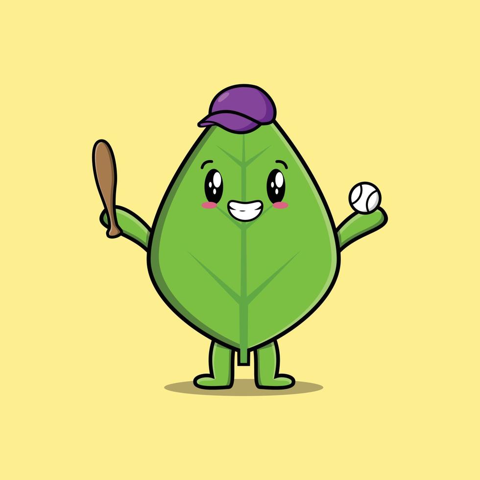 lindo personaje de hoja verde de dibujos animados jugando béisbol vector