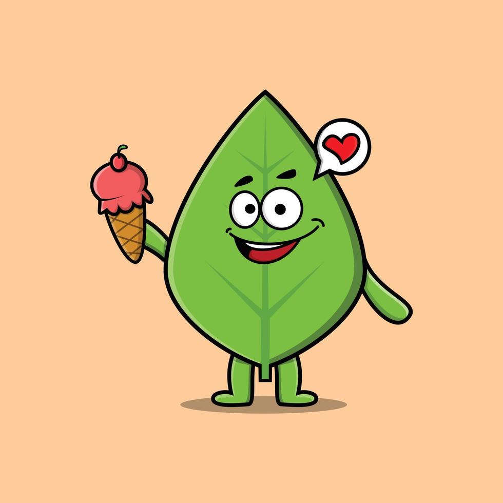 Cute Cartoon green leaf holding ice cream cone vector