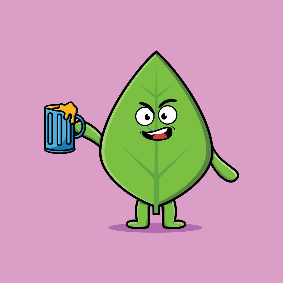 Green leaf cartoon character with beer glass vector