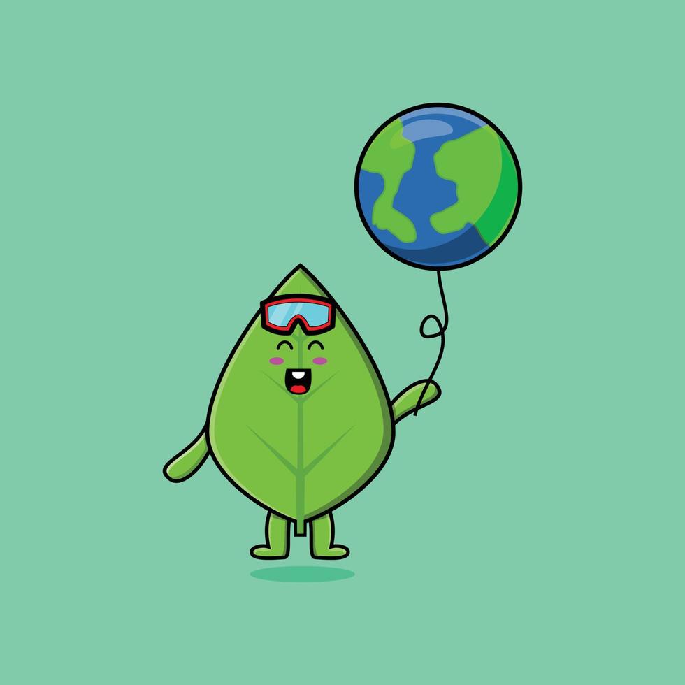 hoja verde de dibujos animados flotando con globo del mundo vector