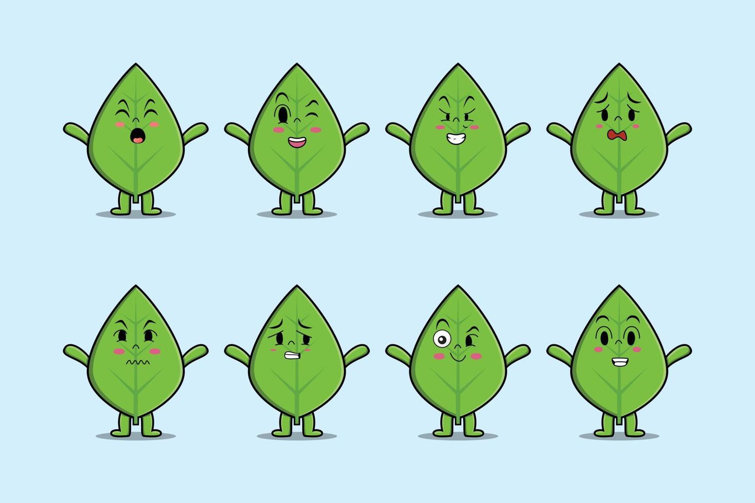 Set kawaii green leaf cartoon different expression vector