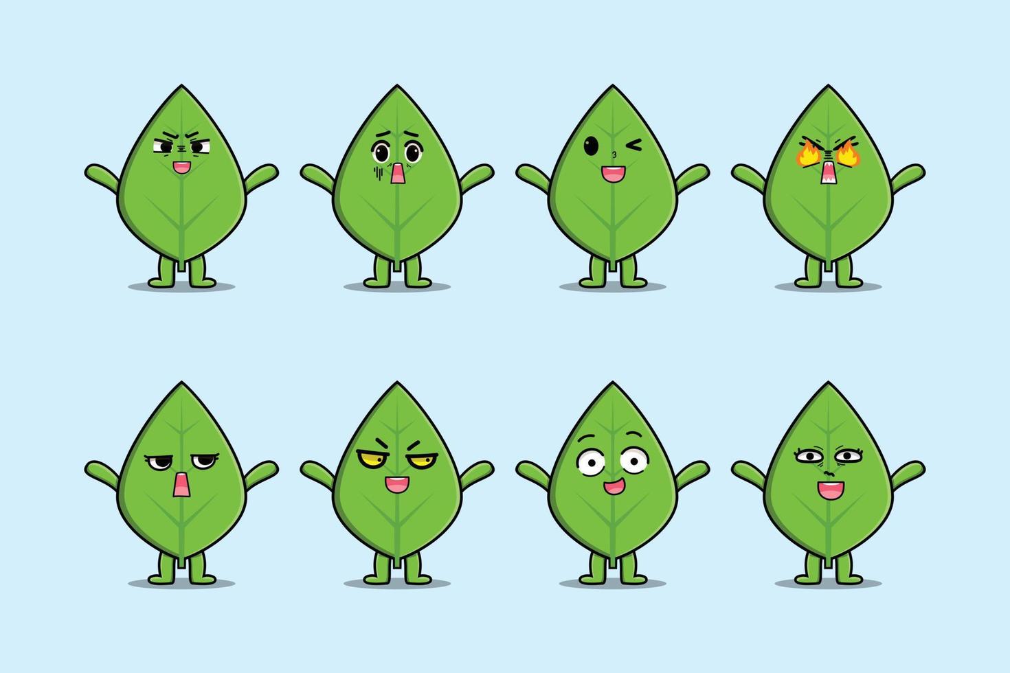 Set kawaii green leaf cartoon different expression vector