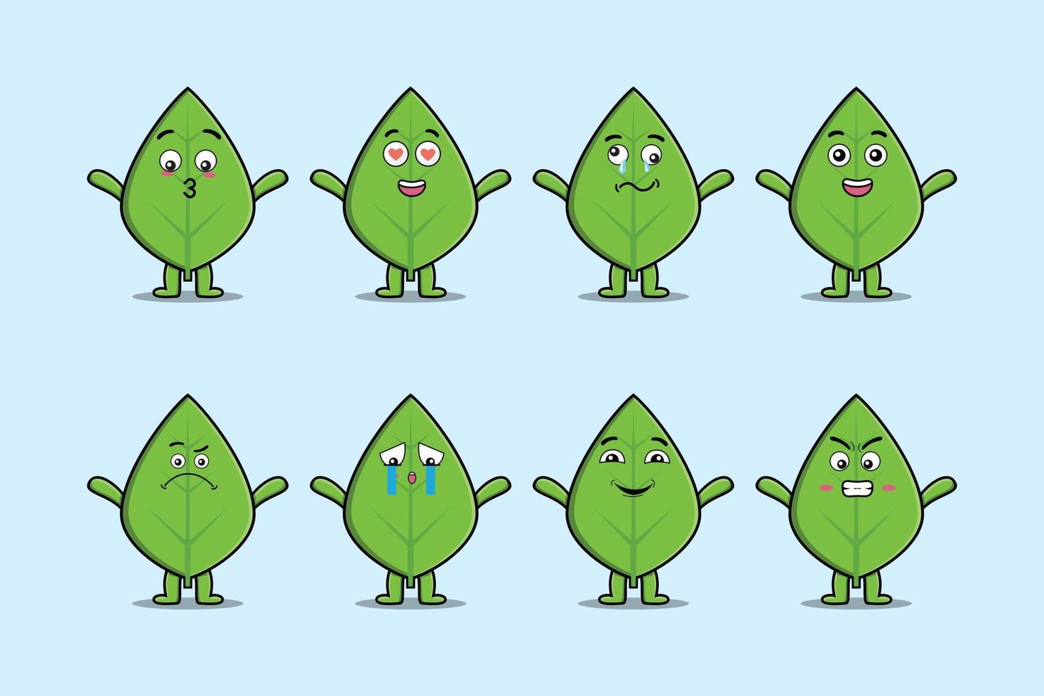 Set kawaii green leaf cartoon different expression vector