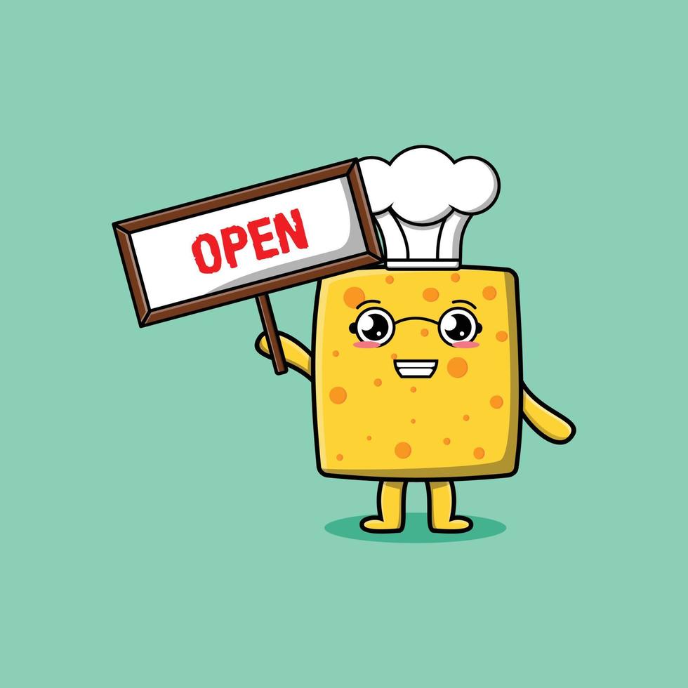 Cute cartoon cheese character holding open sign vector