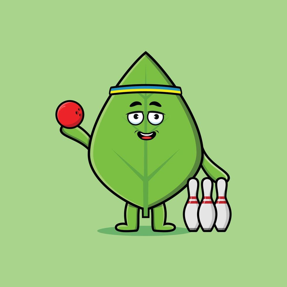 Cute cartoon green leaf character playing bowling vector