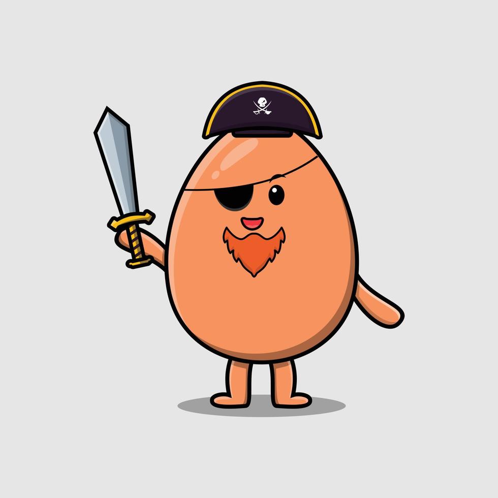 Cute cartoon brown cute egg pirate holding sword vector