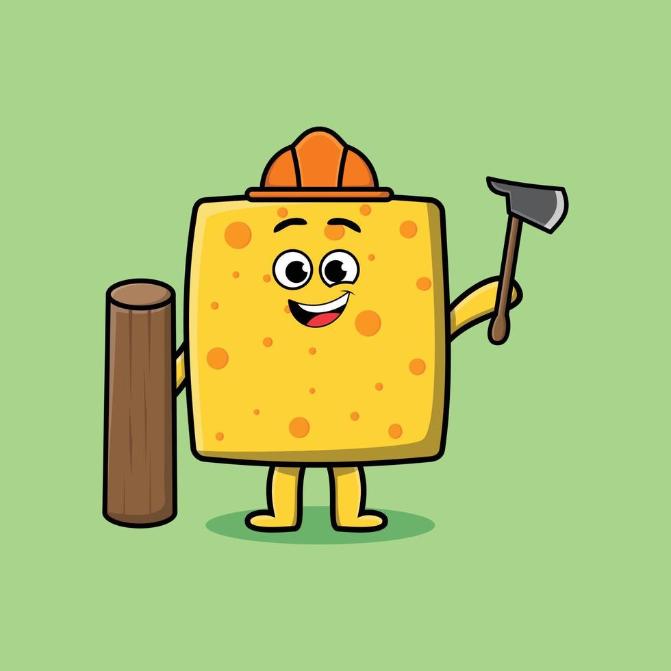 Cute cartoon cheese as carpenter with ax and wood vector