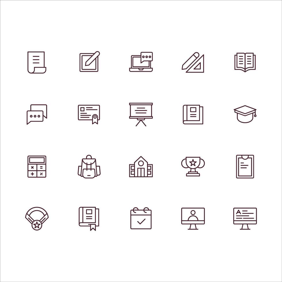 conjunto simple de iconos de línea vectorial relacionados con la educación en línea. contiene íconos como ebook o e-learning, computadora, regla y más. trazo editable vector