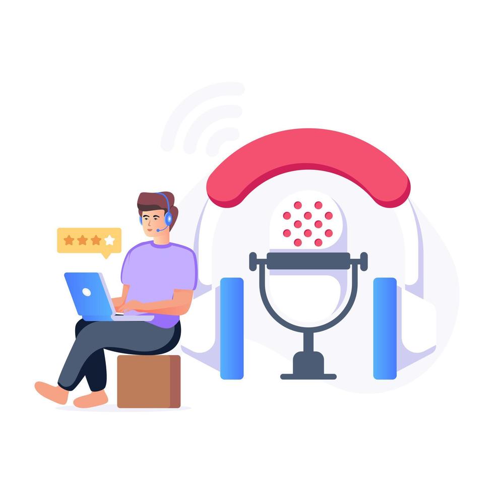 Person making online podcast rating, flat illustration vector