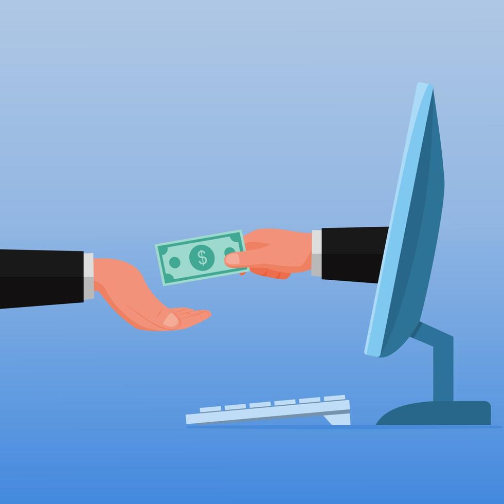 Earn money online illustration. Hand receiving money from pc monitor after doing some online job vector