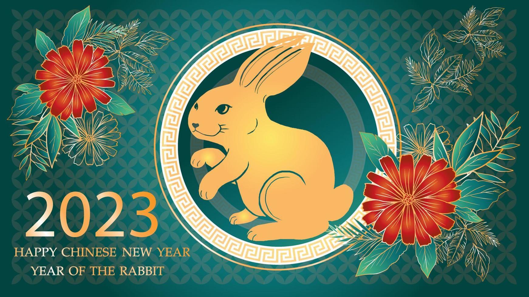 año del conejo dorado 2023, año nuevo chino concepto zodiaco chino, patrón de corte de papel de conejo dorado con flores rojas y hojas doradas sobre fondo verde. vector