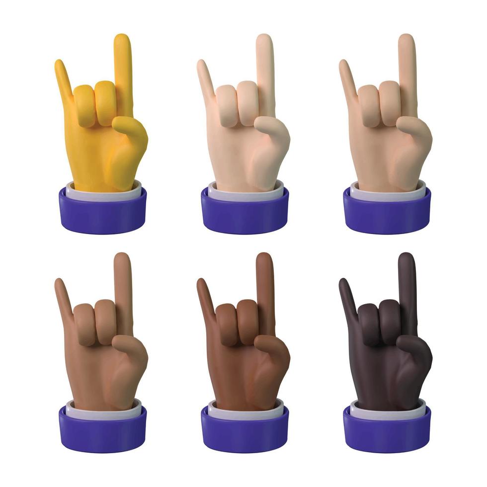 signo de los cuernos roca en la mano emoji conjunto de varios tonos de piel vector