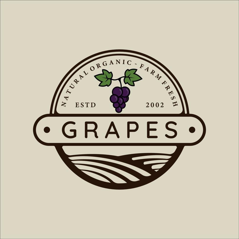 uvas logo línea arte vintage vector ilustración plantilla icono diseño gráfico. signo o símbolo de fruta orgánica para productos agrícolas y empresa de alimentos o bebidas con concepto de esquema de placa con tipografía