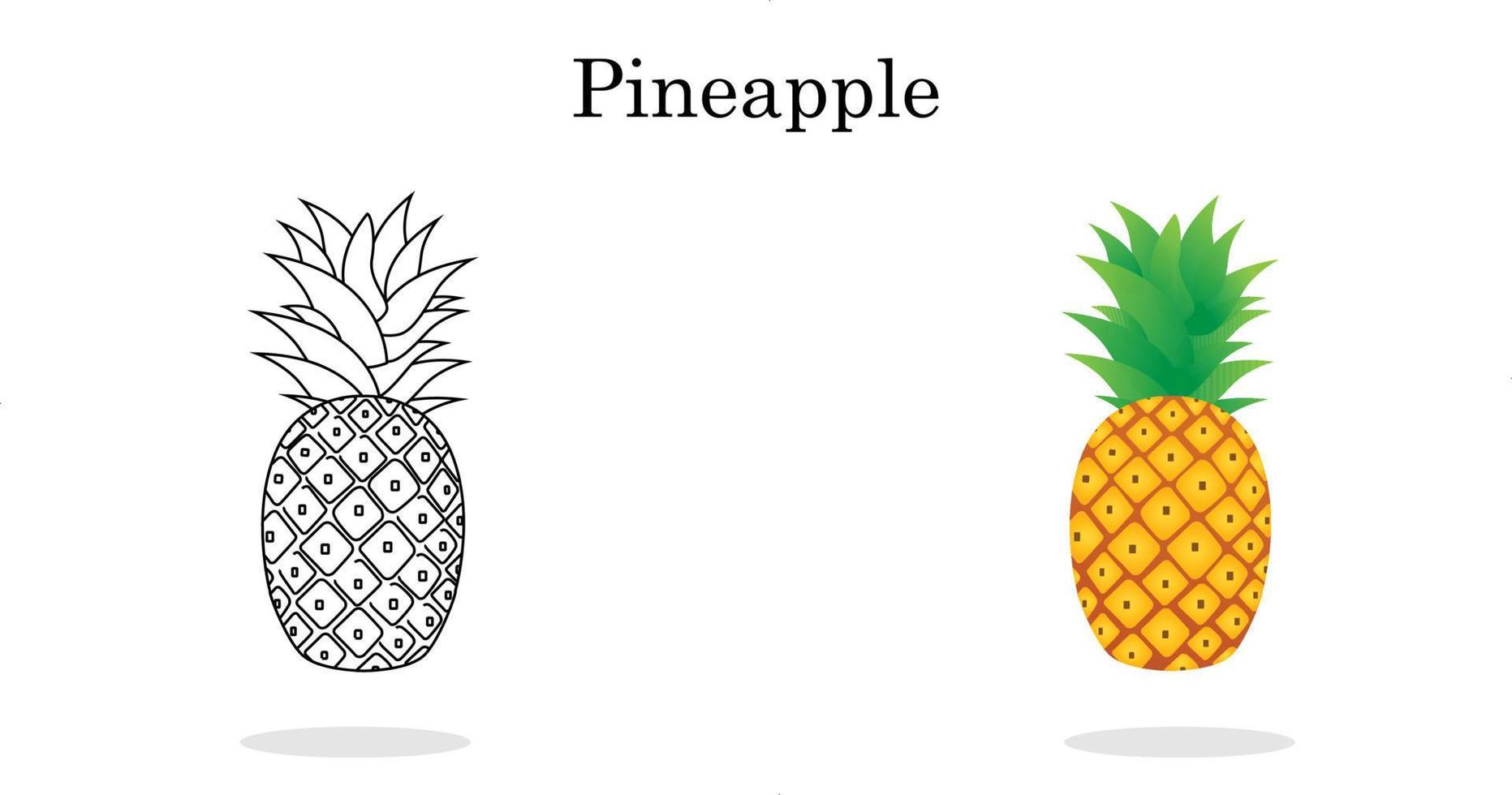 arte de línea de piña color menos fruta para niños en edad preescolar. ilustración de fruta de piña con frutas de verano de estilo de dibujos animados aislados, para una vida sana y natural, ilustración vectorial. vector