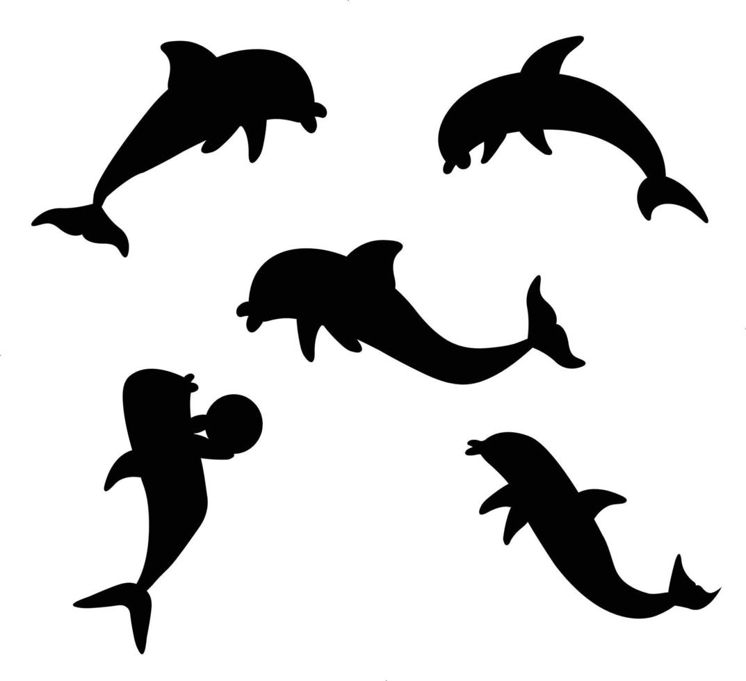 lindo juego de siluetas de delfines. Lindo juego de personajes de delfín azul de dibujos animados, salta a través del aro y dibuja. conjunto de vectores de animales marinos. ilustración de aro de salto de rendimiento de espectáculo de delfines.