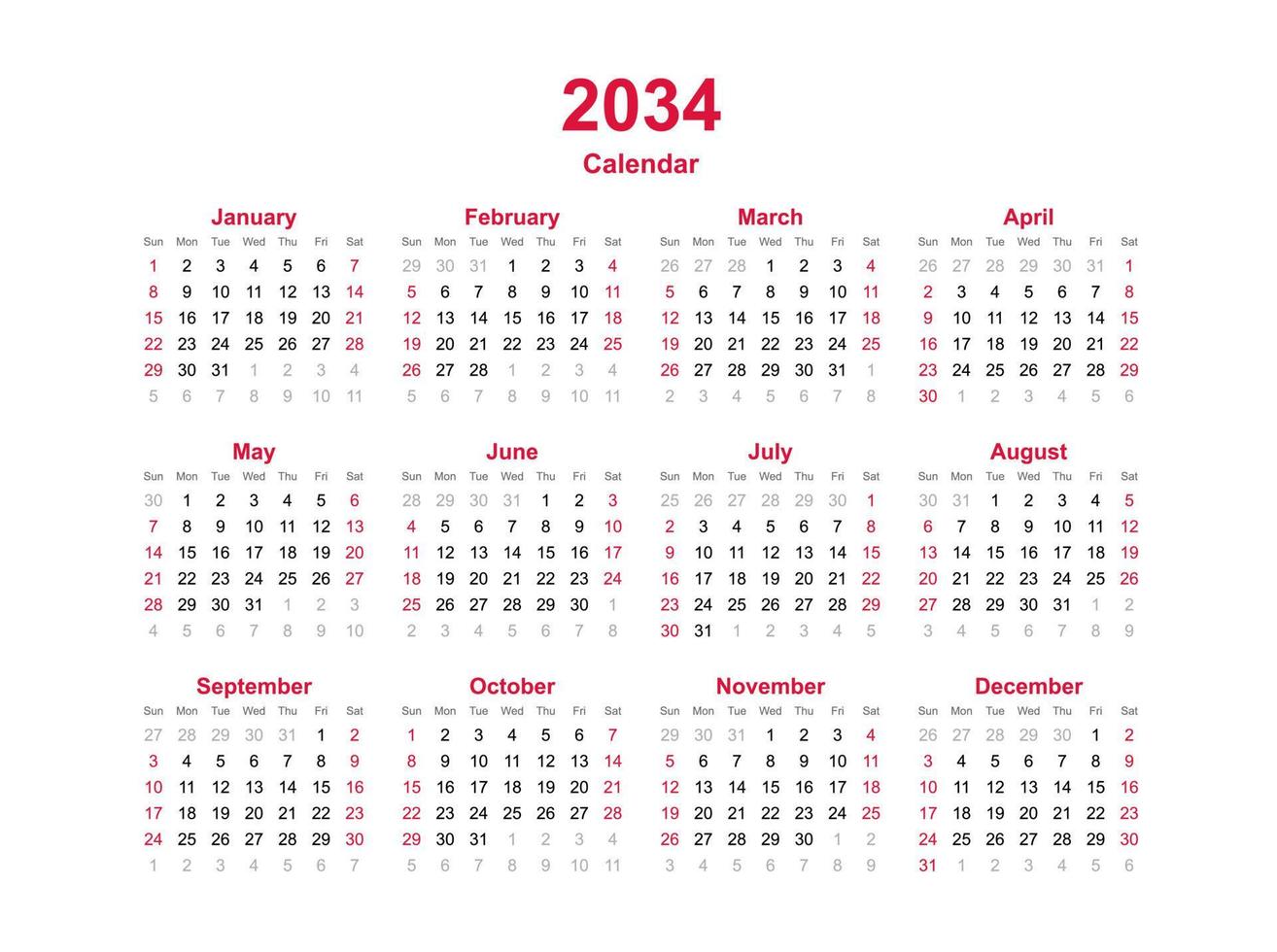 año calendario 2034 vector