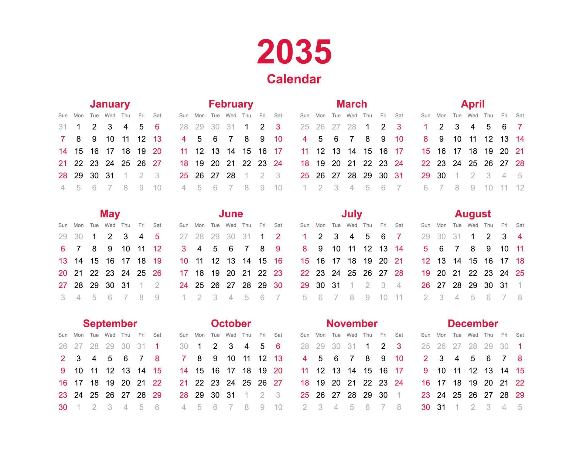 Calendar Year 2035 8111048 Vector Art At Vecteezy