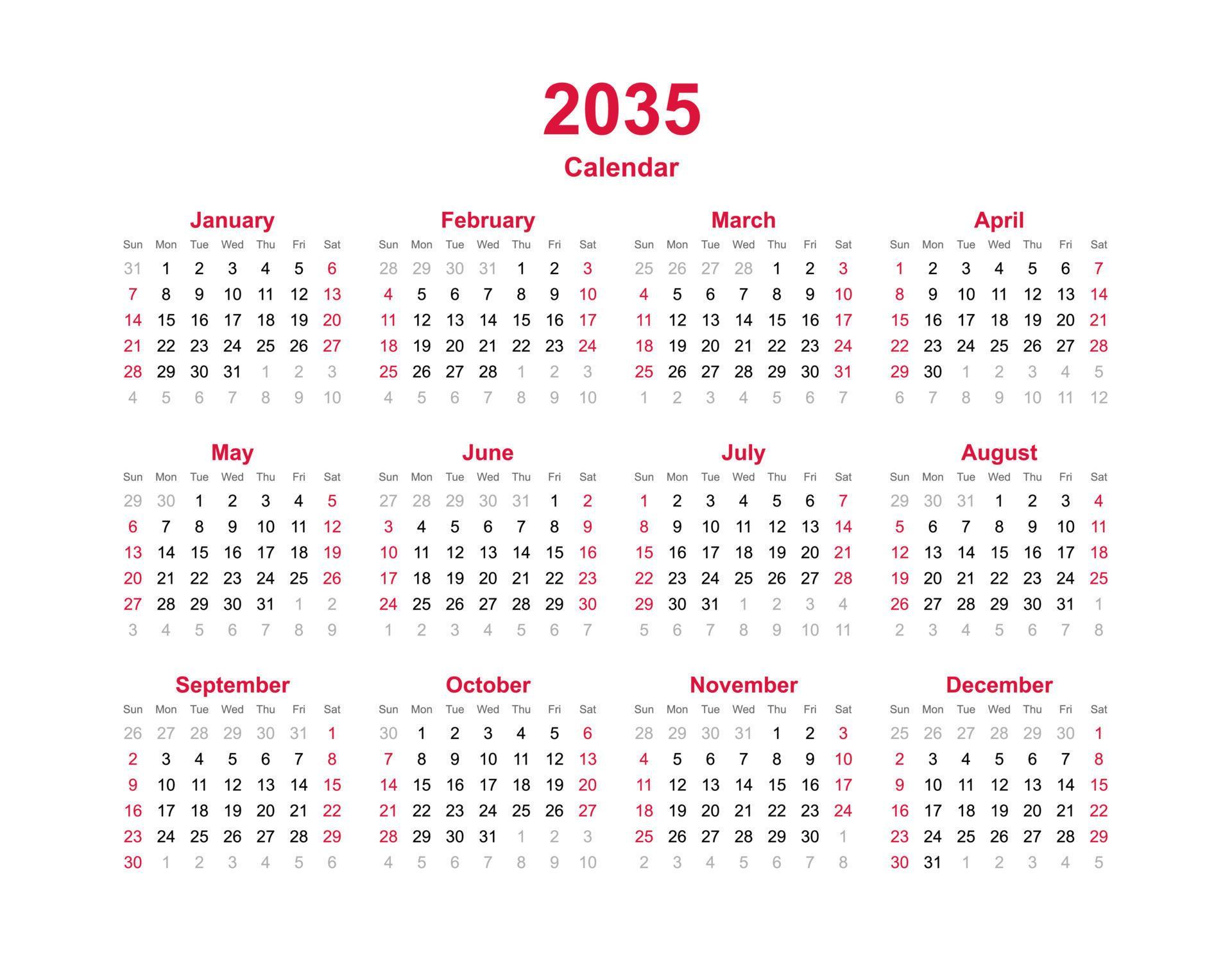 Calendar year 2035 8111048 Vector Art at Vecteezy