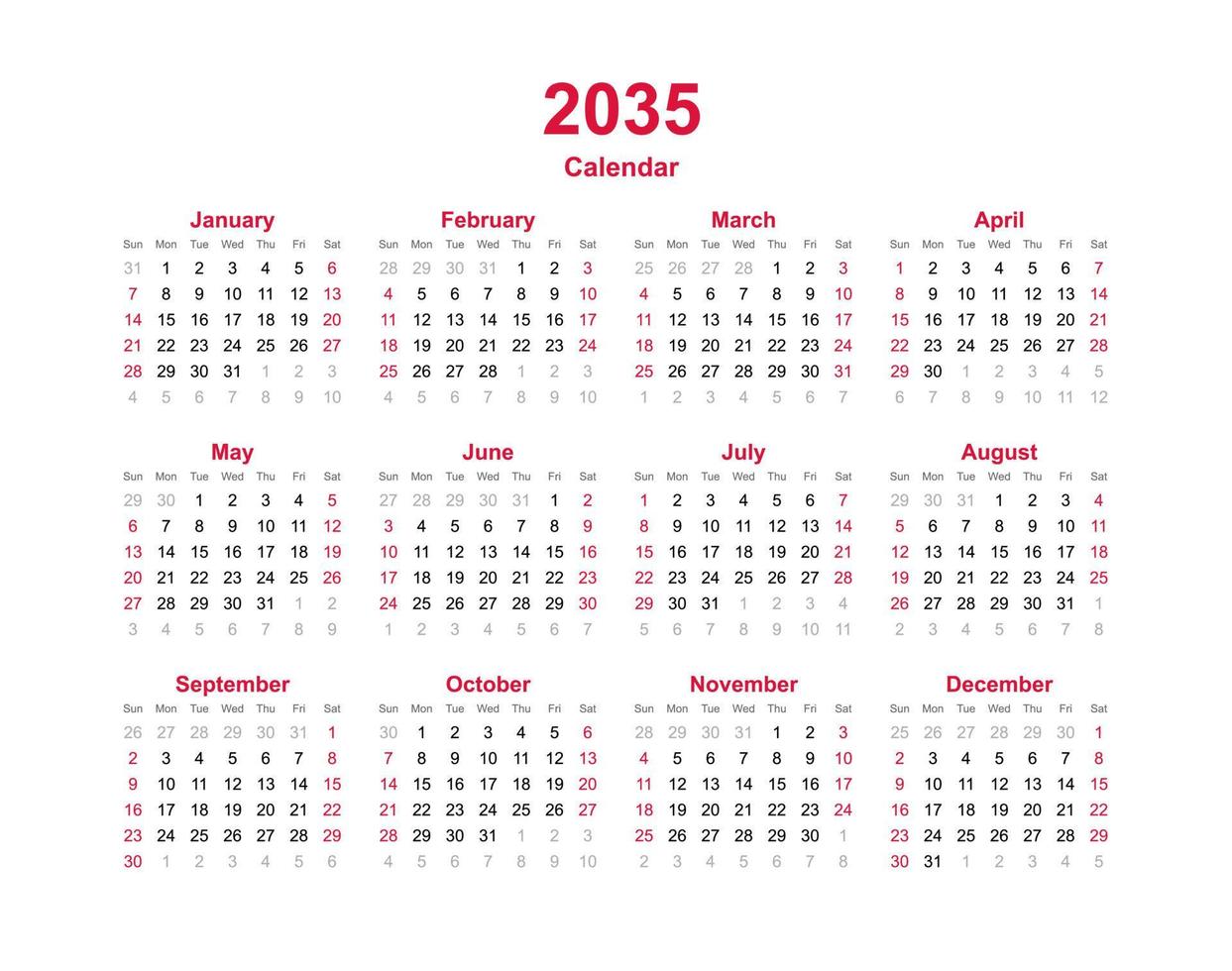 año calendario 2035 vector