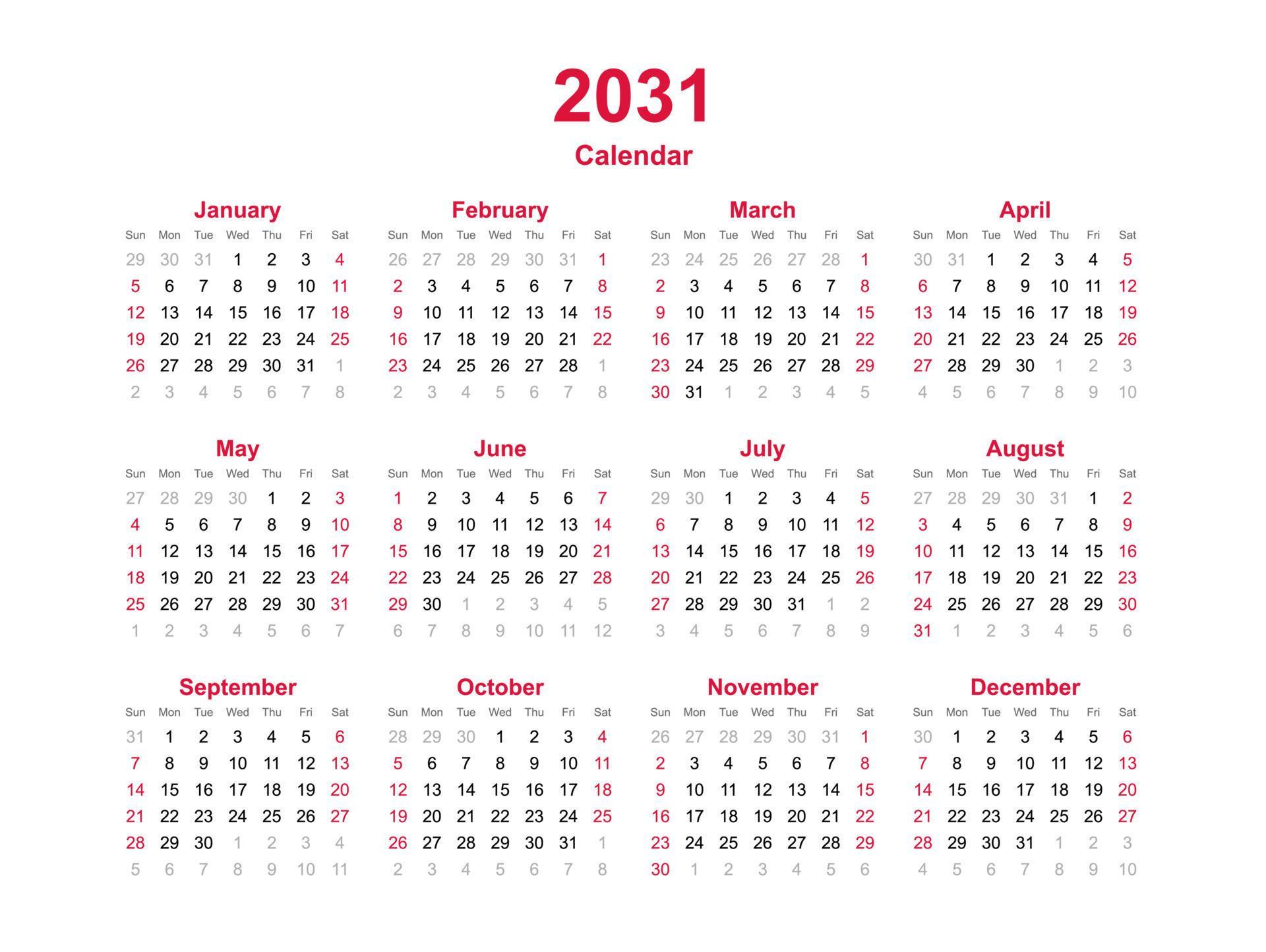 Calendar year 2031 8111049 Vector Art at Vecteezy