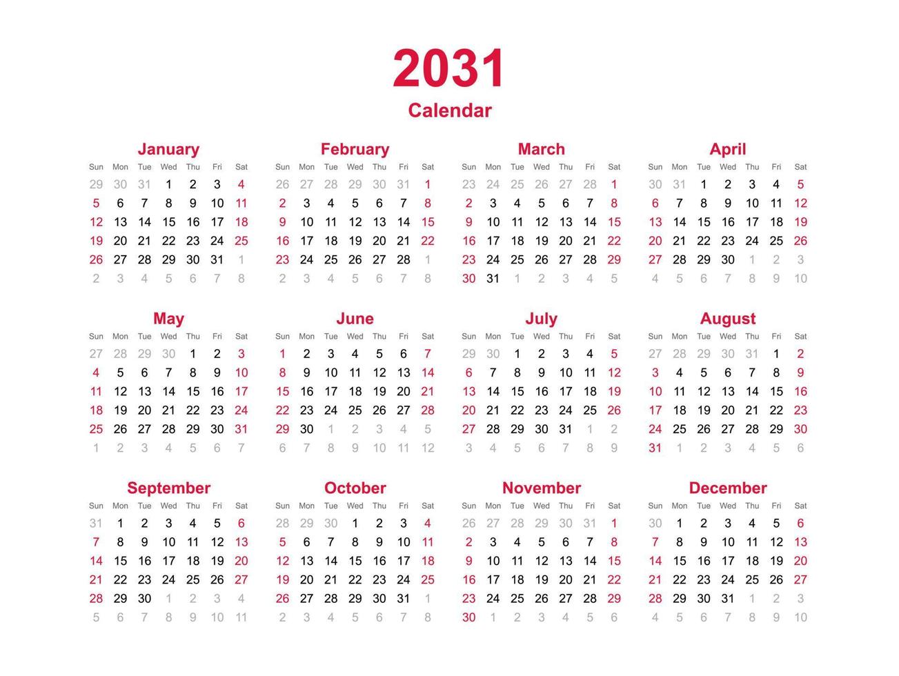 año calendario 2031 vector