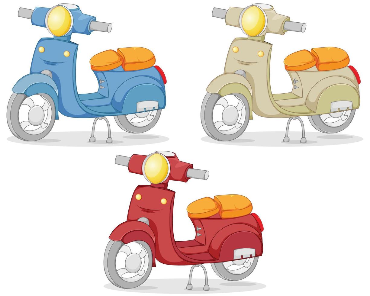 scooter de dibujos animados en varios colores con contorno en vivo vector