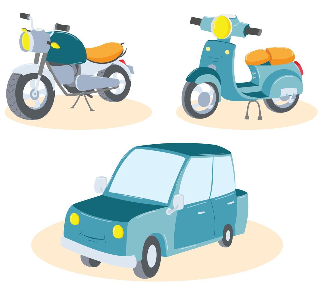 Set of three cartoon vehicles - motorcycle, scooter and car. vector