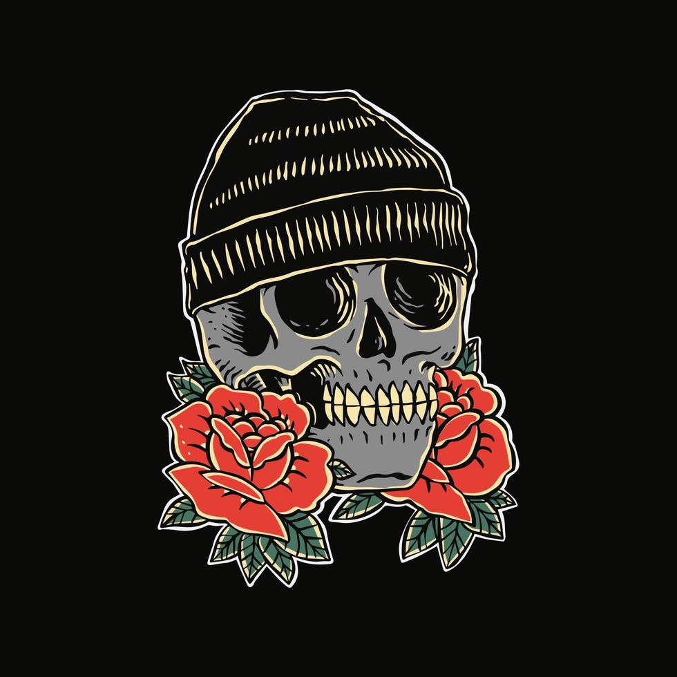 skull with beanie hat and flower illustration vector