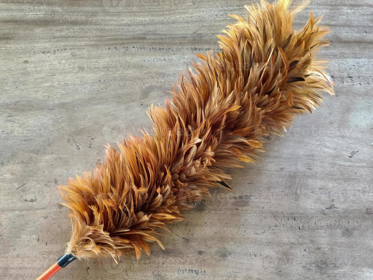 feather duster on brown wooden background photo
