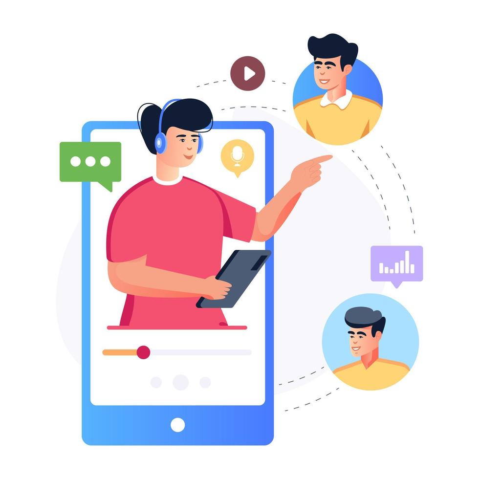 A trendy flat illustration of podcast community vector