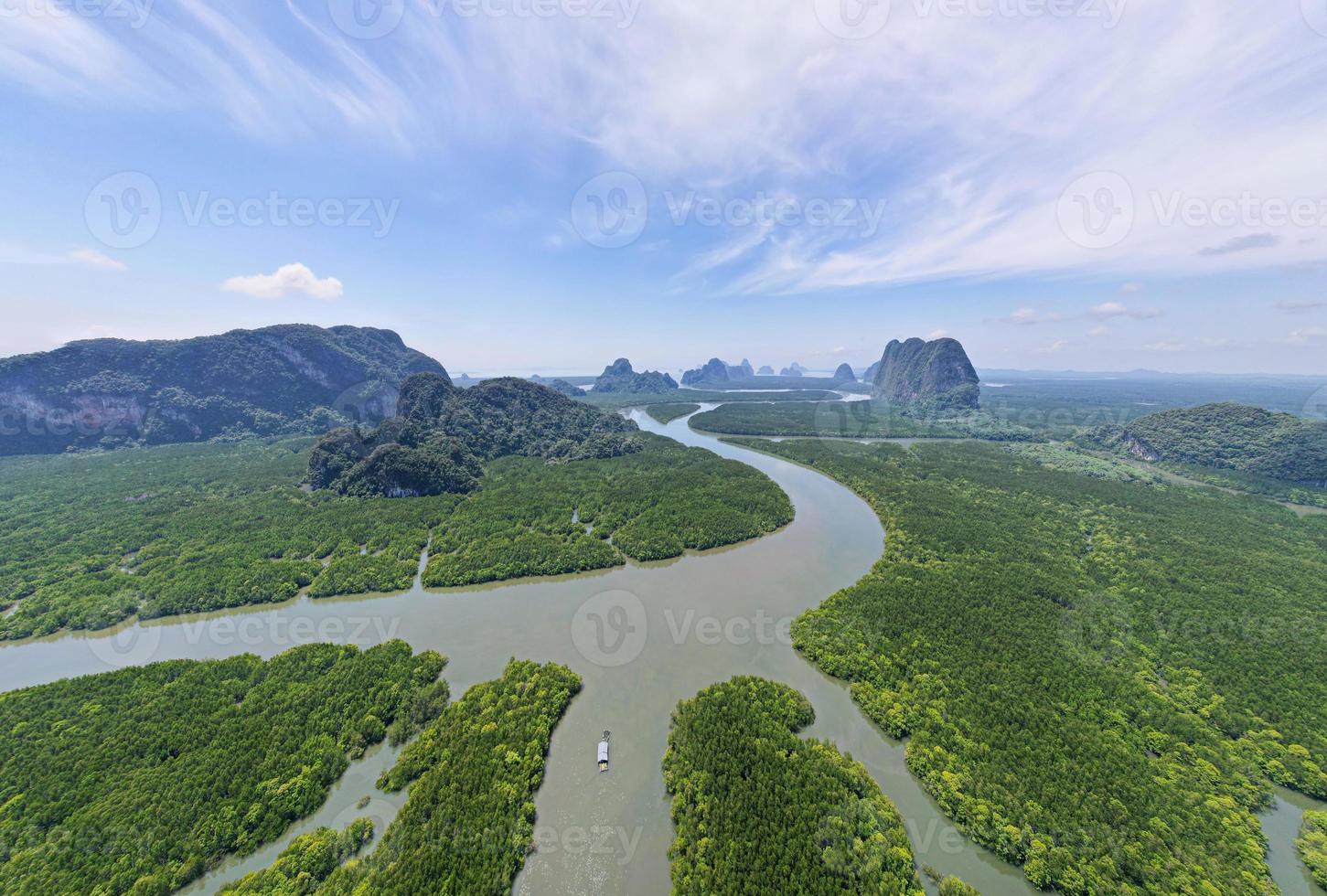 Aerial view drone shot of beautiful nature landscape forest in the morning Drone flying over sea and mangrove forest Landscape High angle view. Dynamic aerial shot Amazing nature panorama view photo