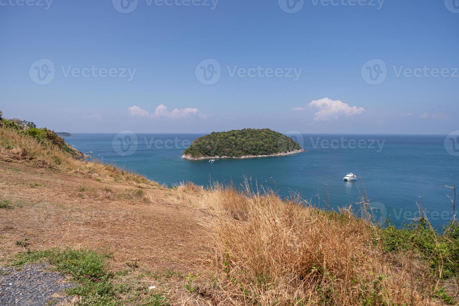 Amazing Picturesque view of Andaman sea in Phuket island Thailand.Nature View through the jungle on the beautiful bay and mountains in Tropical island. photo