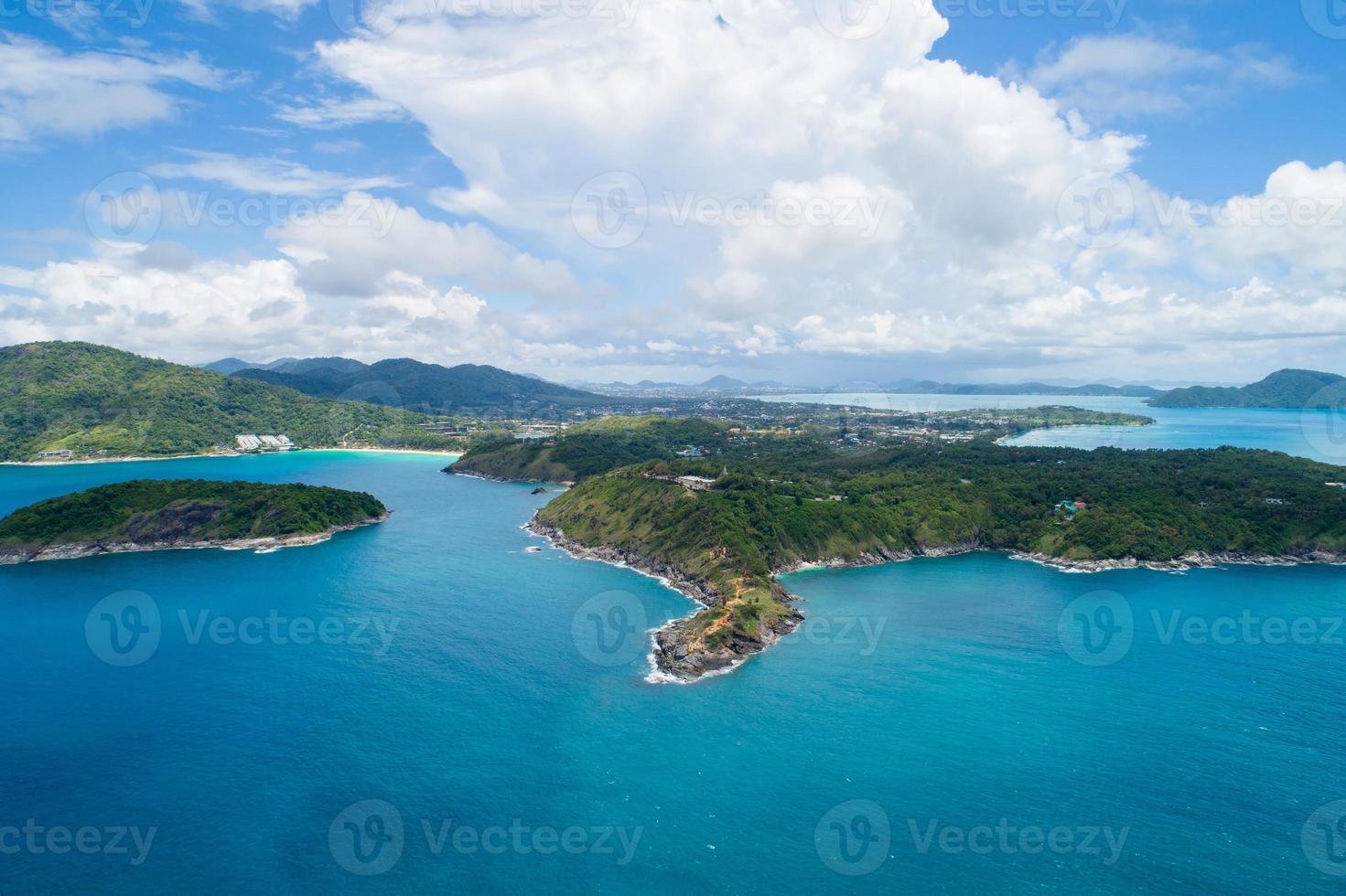 Amazing landscape nature scenery view of Beautiful tropical sea with Sea coast view in summer season image by Aerial view drone top down, high angle view Located at Laem Promthep Phuket Thailand photo