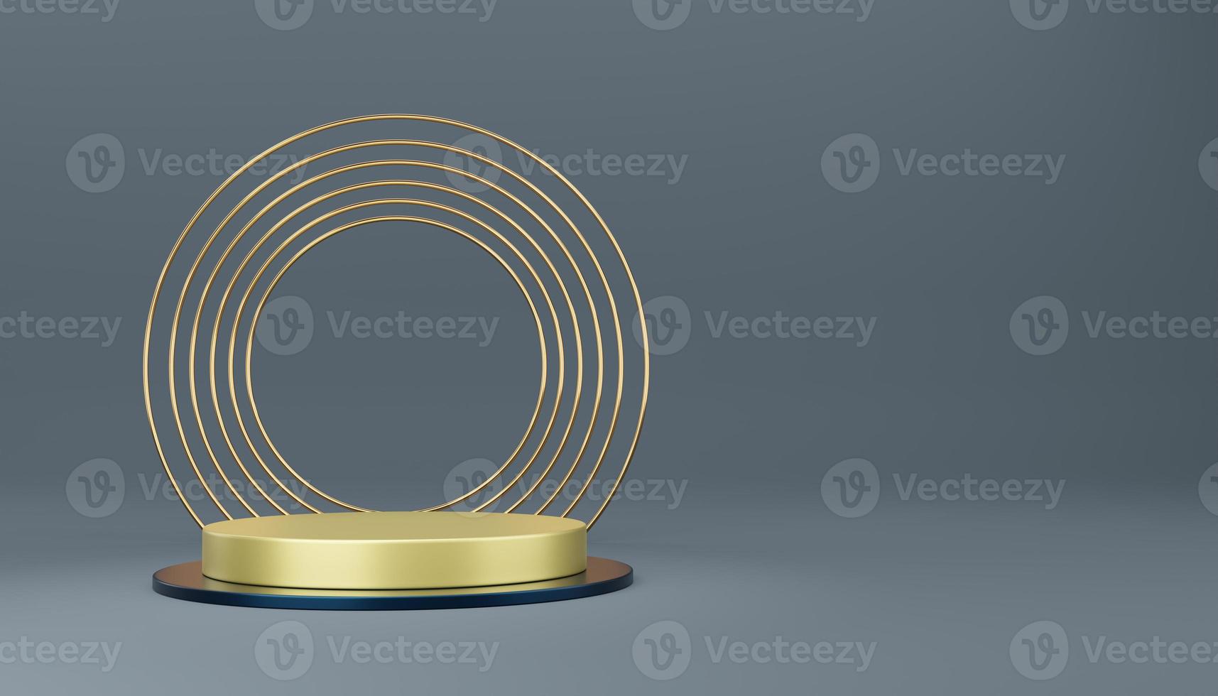 Empty yellow cylinder podium with blue border and gold circle on gray background. Abstract minimal studio 3d geometric shape object. Mockup space for display of product design. 3d rendering. photo