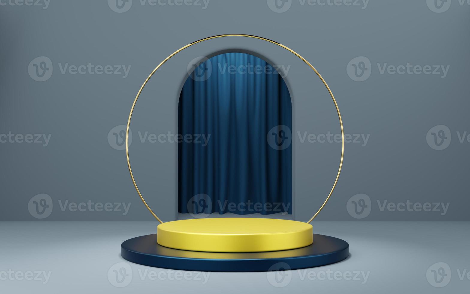 Empty yellow cylinder podium with gold border and blue curtain on gray arch background. Abstract minimal studio 3d geometric shape object. Mockup space for display of product design. 3d rendering. photo