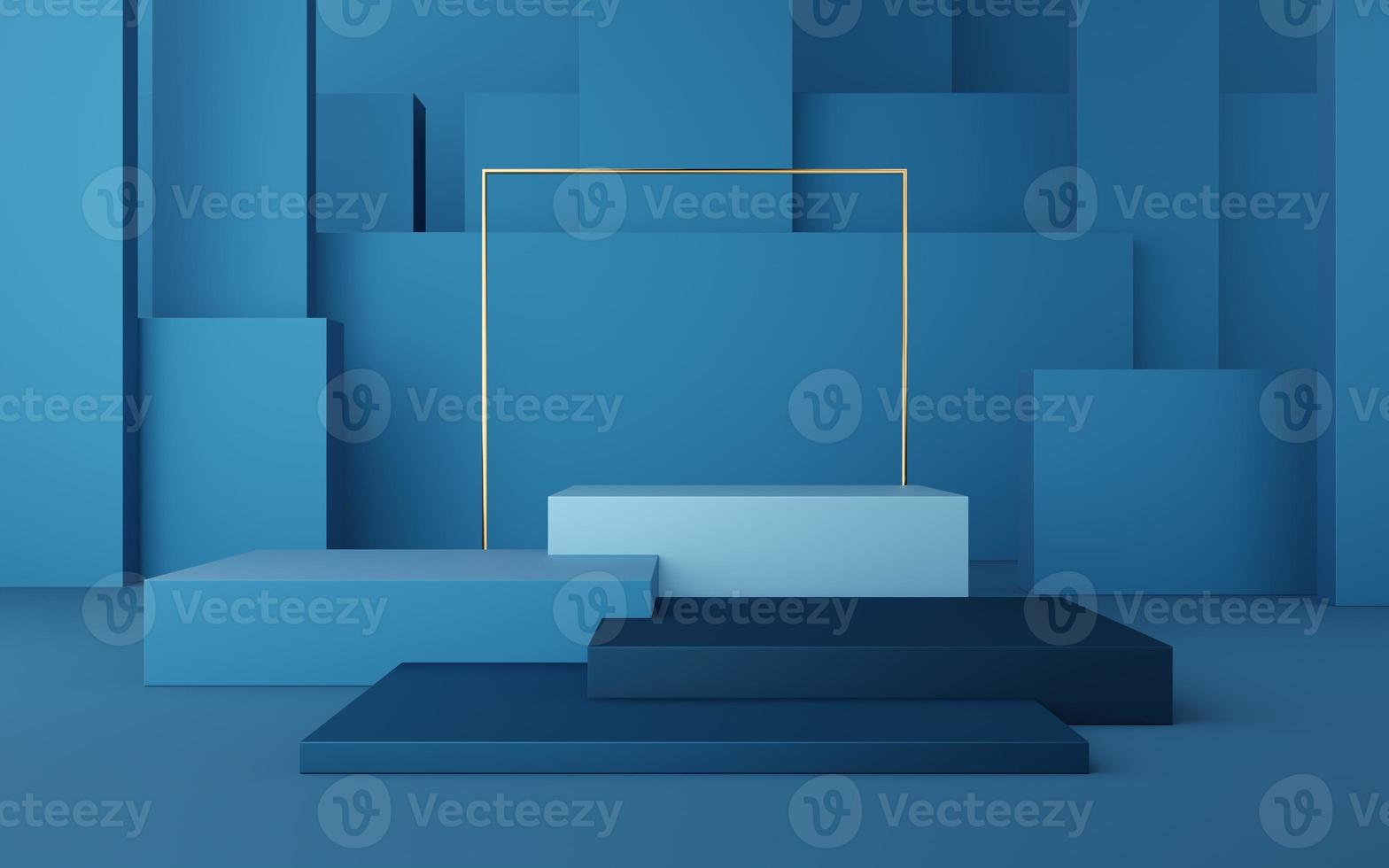 Empty blue cube podium with gold border and gold square on blue box background. Abstract minimal studio 3d geometric shape object. Mockup space for display of product design. 3d rendering. photo