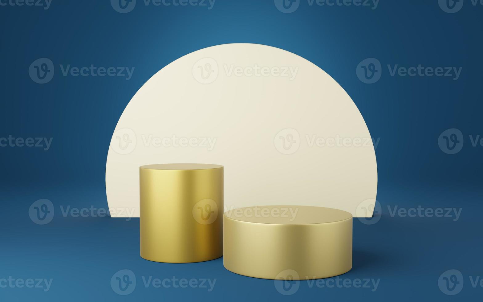 2 Empty gold cylinder podium and circle on blue background. Abstract minimal studio 3d geometric shape object. Mockup space for display of product design. 3d rendering. photo