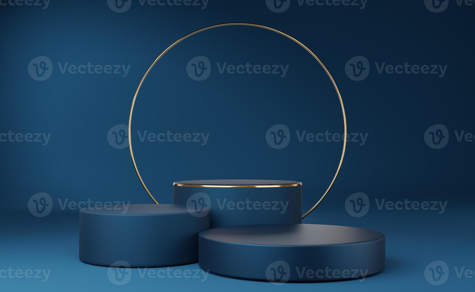 Empty blue cylinder podium with gold border and gold circle on blue background. Abstract minimal studio 3d geometric shape object. Mockup space for display of product design. 3d rendering. photo