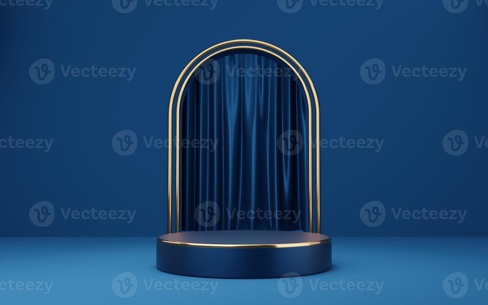 Empty blue cylinder podium with gold border on blue arch and curtain background. Abstract minimal studio 3d geometric shape object. Mockup space for display of product design. 3d rendering. photo