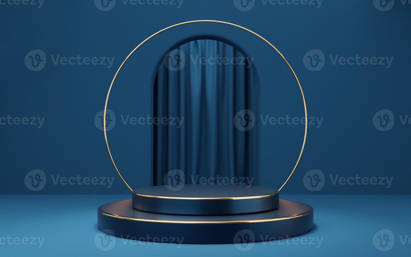 Empty blue cylinder podium with gold border on blue arch and curtain background. Abstract minimal studio 3d geometric shape object. Mockup space for display of product design. 3d rendering. photo