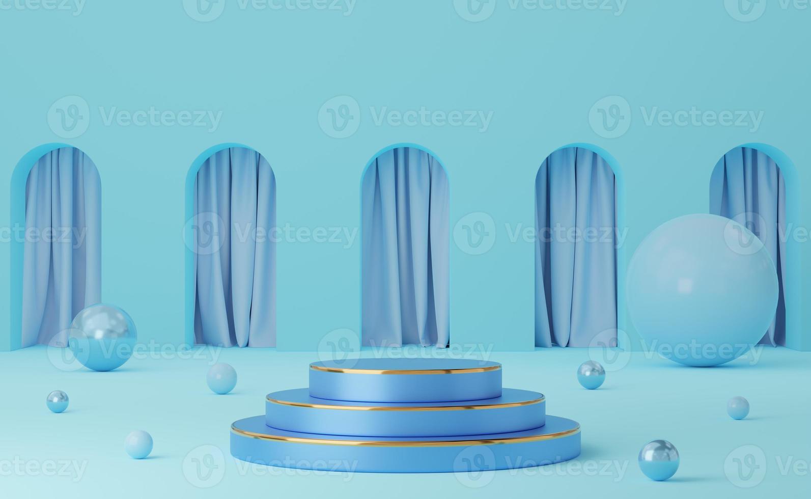 Empty blue cylinder podium with gold border and ball on arch and blue curtain background. Abstract minimal studio 3d geometric shape object. Mockup space for display of product design. 3d rendering. photo