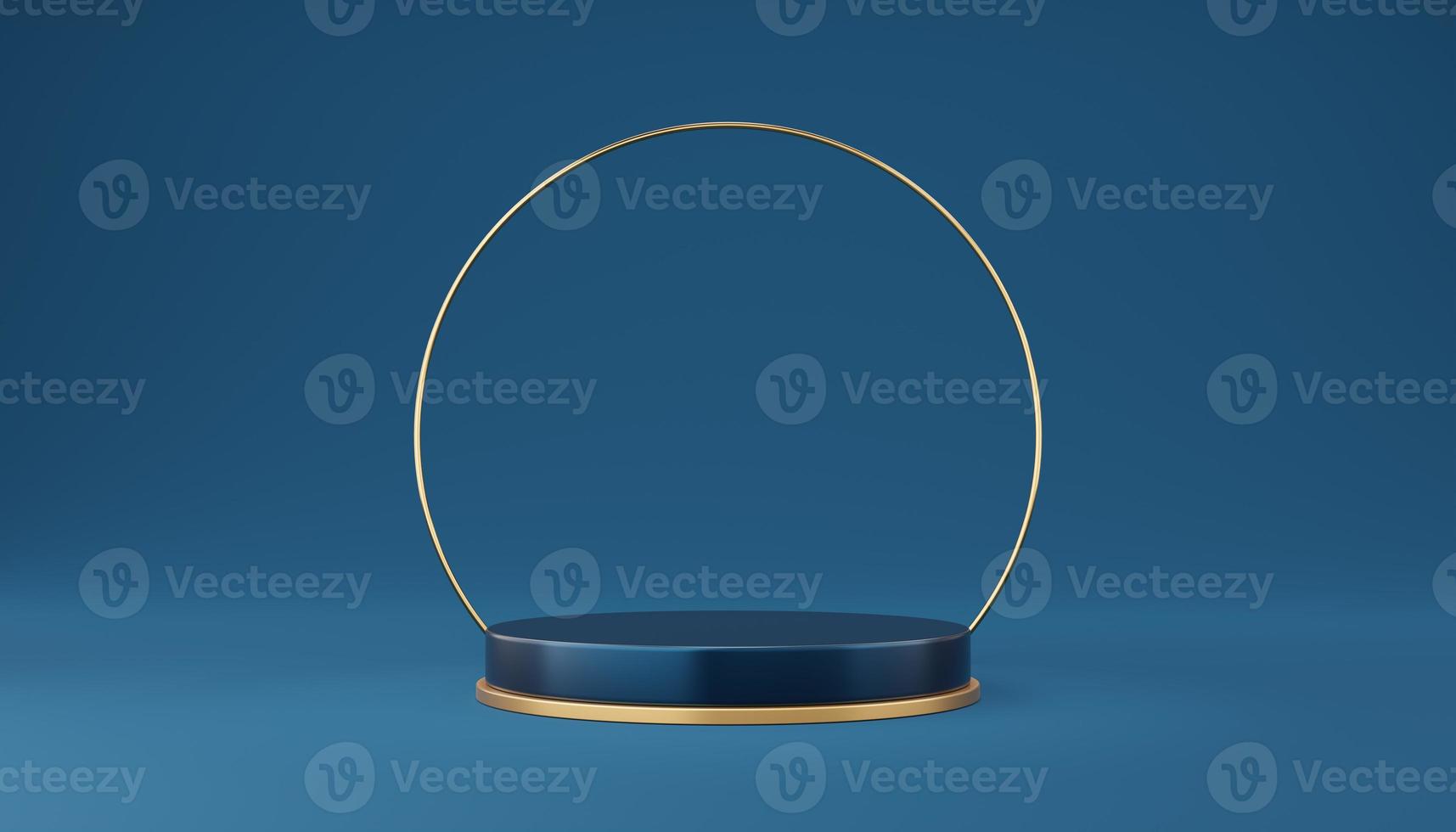 Empty blue cylinder podium with gold border and gold circle on blue background. Abstract minimal studio 3d geometric shape object. Pedestal mockup space for display of product design. 3d rendering. photo